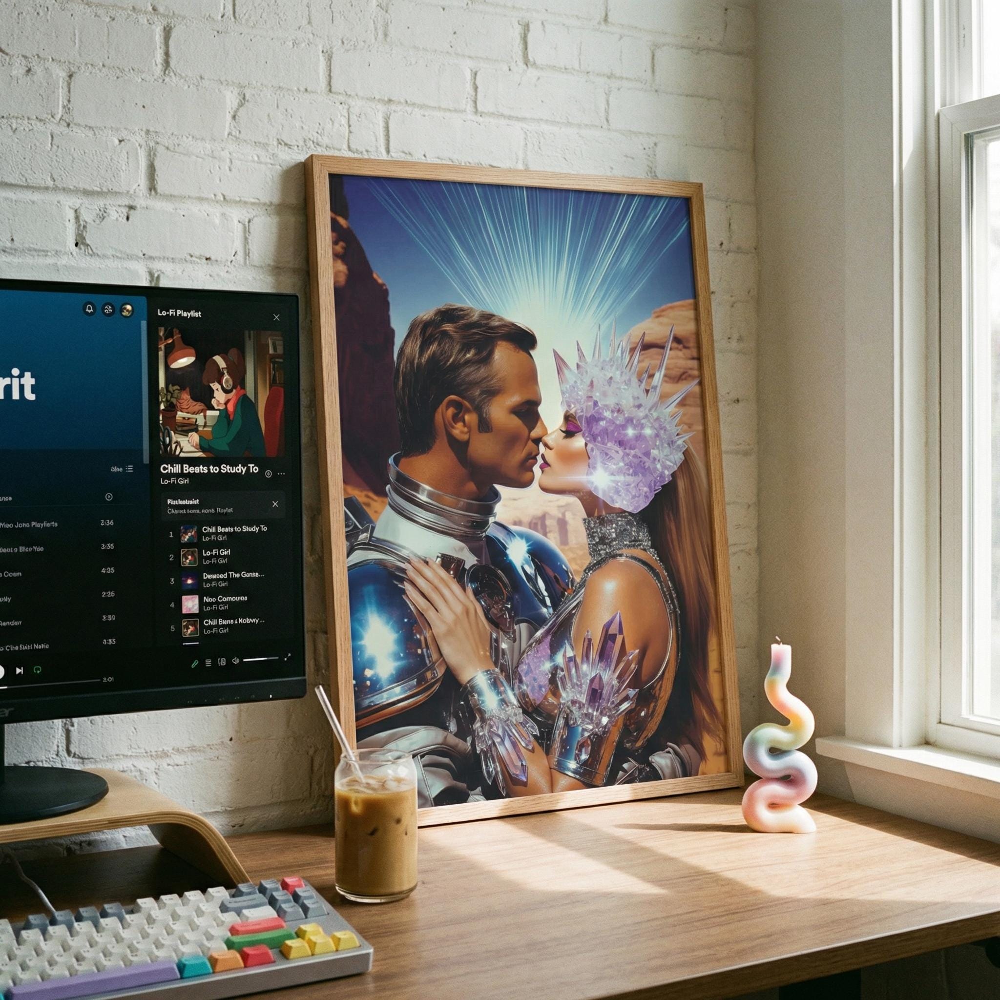 DIGITAL DOWNLOAD: Let Our Love Crystallize in Amethyst Valley – The Orbital Lovers Retro-Futurist Framed Print | Valentine’s Gift