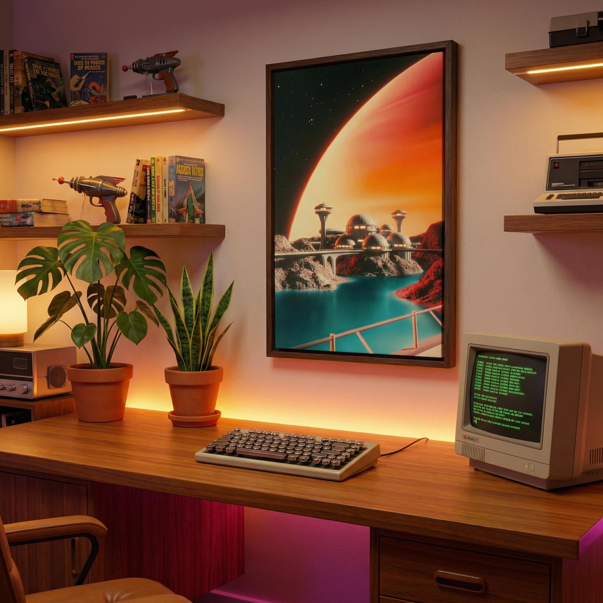 Googie City on the Moon of a Gas Giant - Retro-Futurist Framed Canvas Print | "Orbital Archive" Vintage Sci-Fi Art