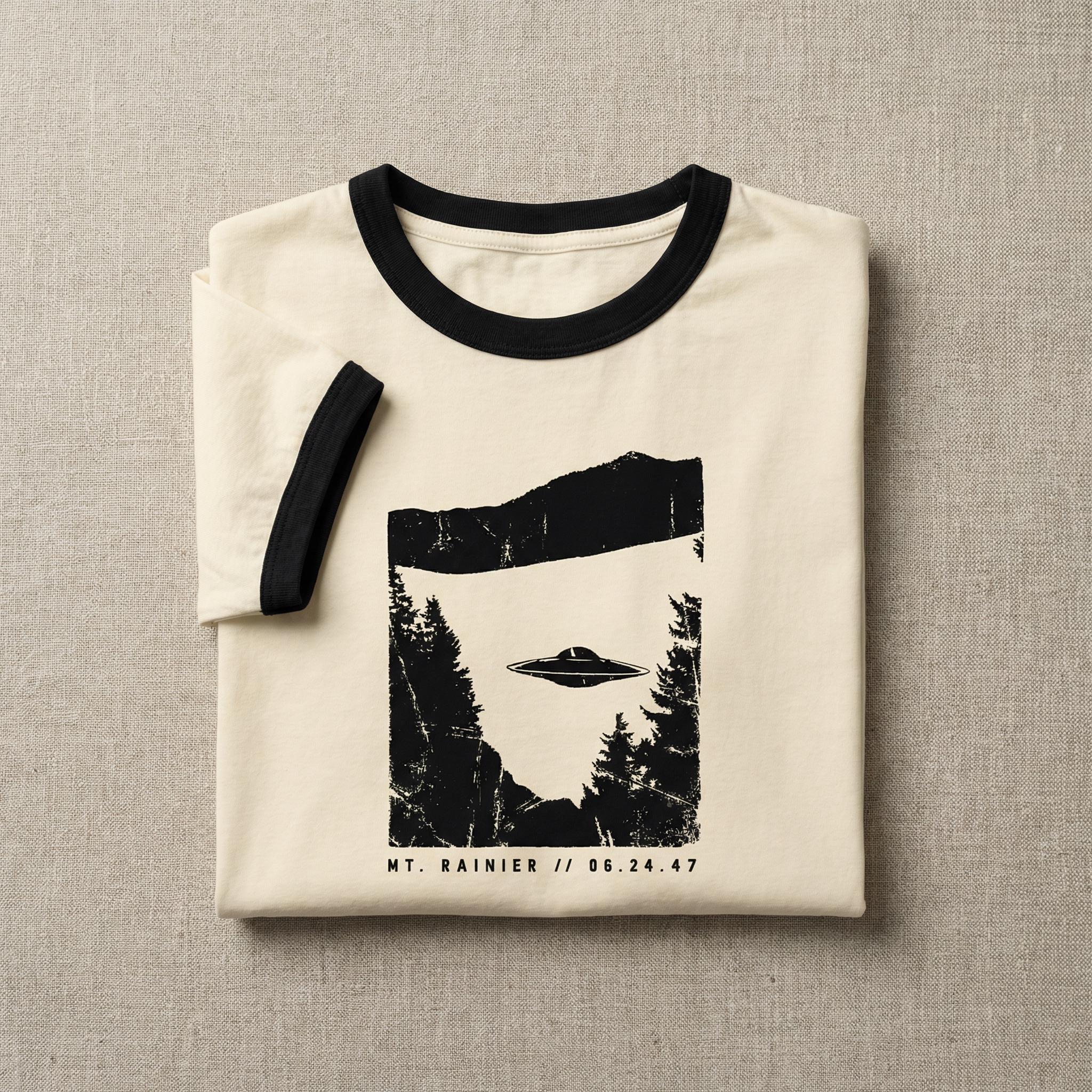 Mt Rainier 1947 UFO Incident Ringer Tee // Kenneth Arnold Flying Saucer Lore Shirt // Vintage Retro PNW Mystery Apparel