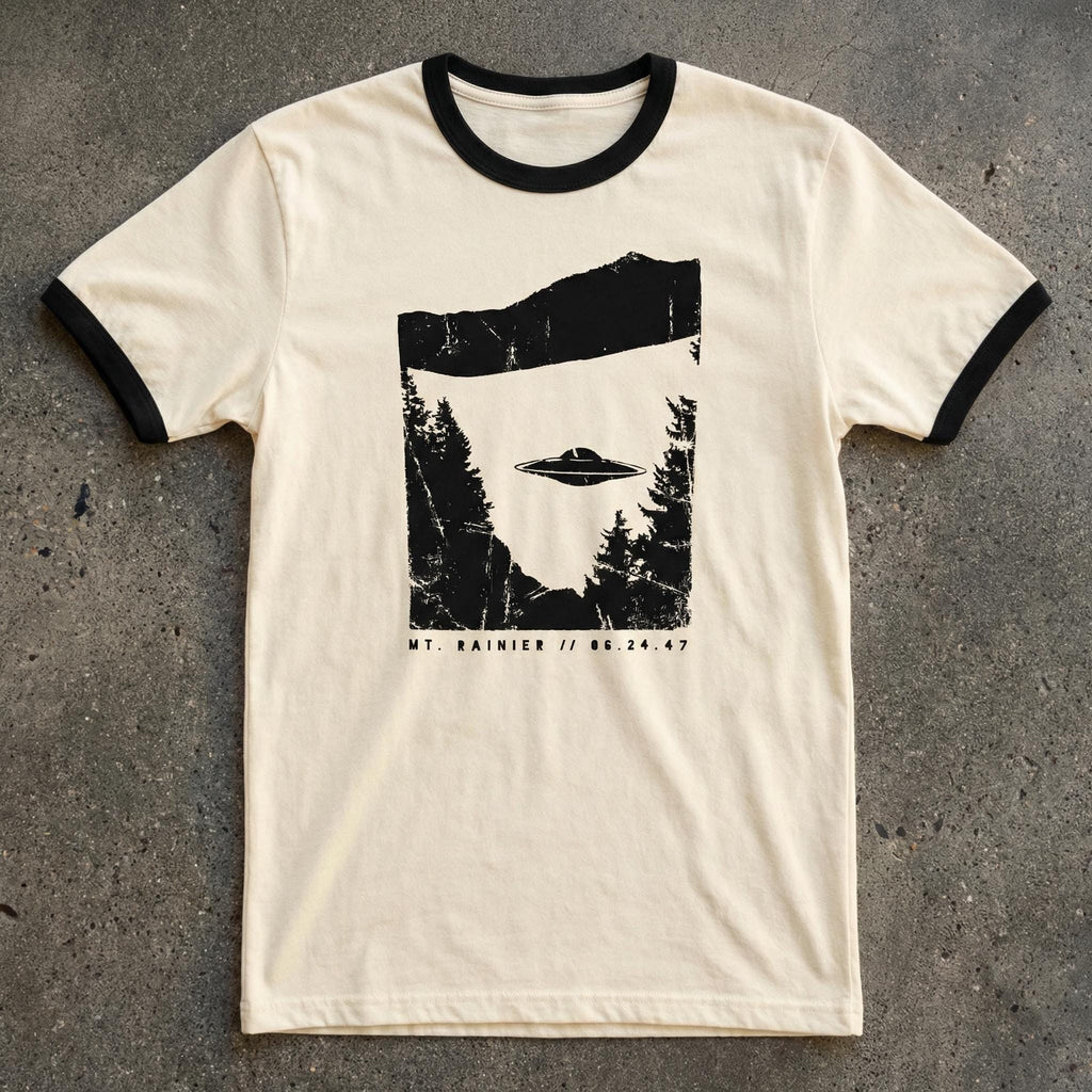 Mt Rainier 1947 UFO Incident Ringer Tee // Kenneth Arnold Flying Saucer Lore Shirt // Vintage Retro PNW Mystery Apparel