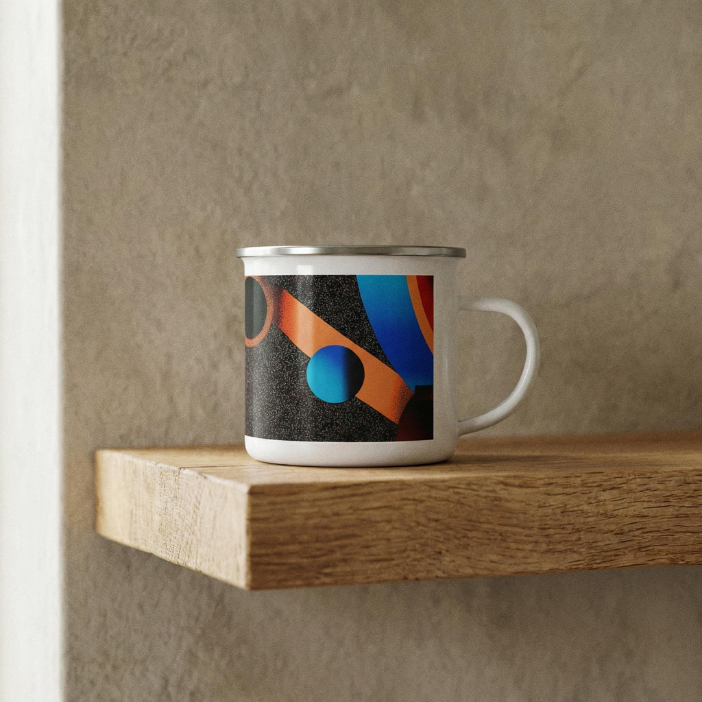 Minoan Retro Sci-Fi Enamel Mug — Orbital Archive Ancient Future Space Age 12oz Camping Cup