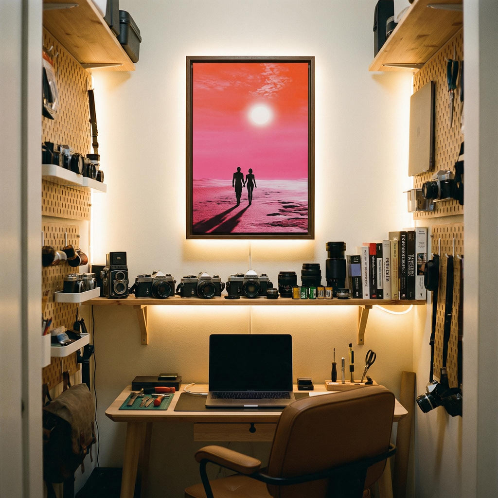 Sunset Stroll on the Crimson Sands Framed Canvas // Surreal Sci-Fi Romantic Art // Retro-Futuristic Wall Decor