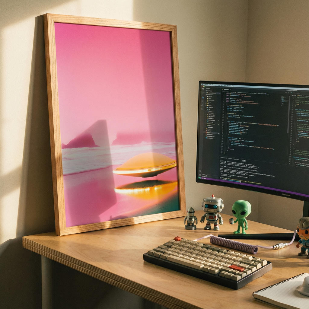 DIGITAL DOWNLOAD: Pink Horizon UFO - Retro 60s Sci-Fi Poster - Surreal Alien Beach Art