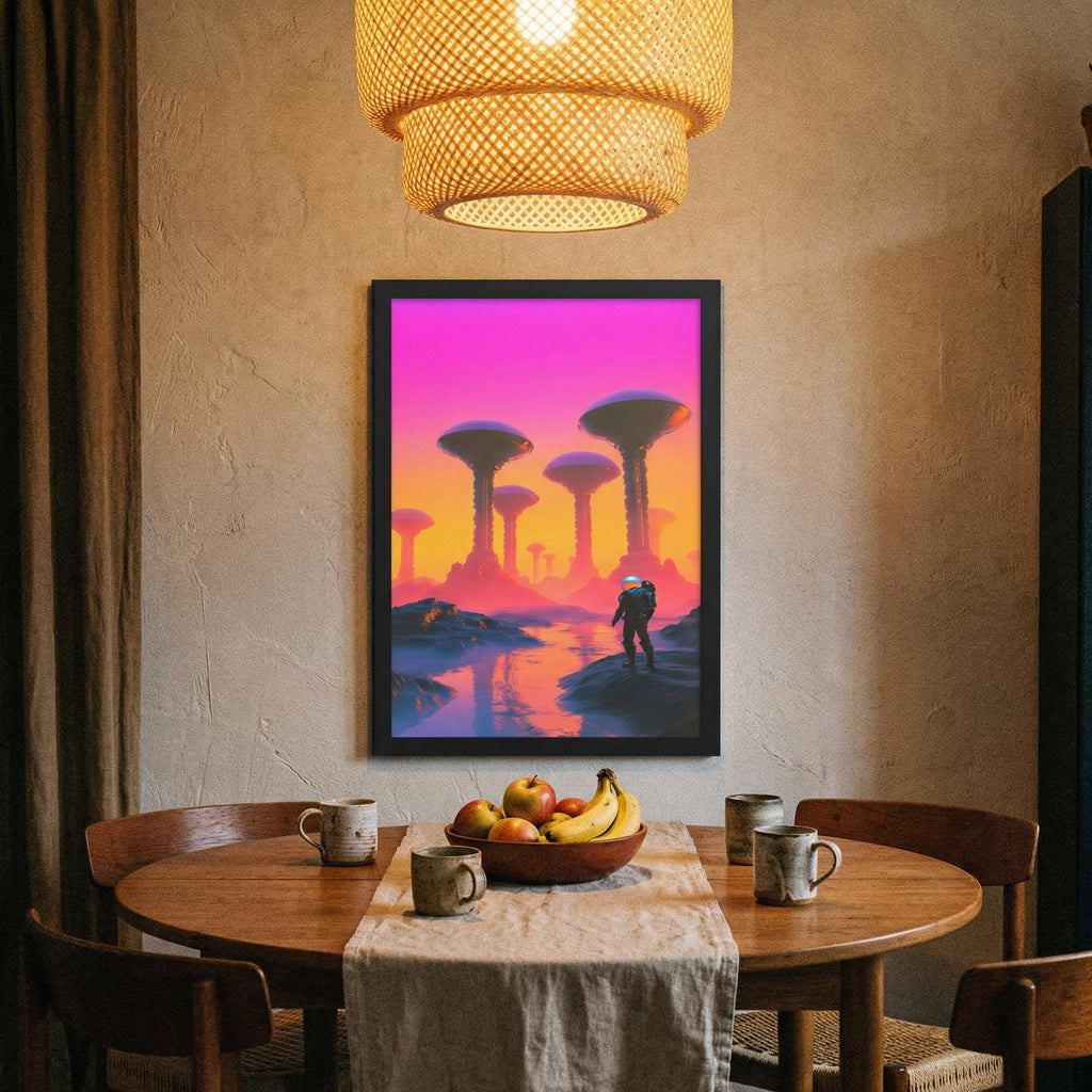 Expedition to the Neon Shores — Retro-Futuristic Pulp Sci-Fi Framed Poster