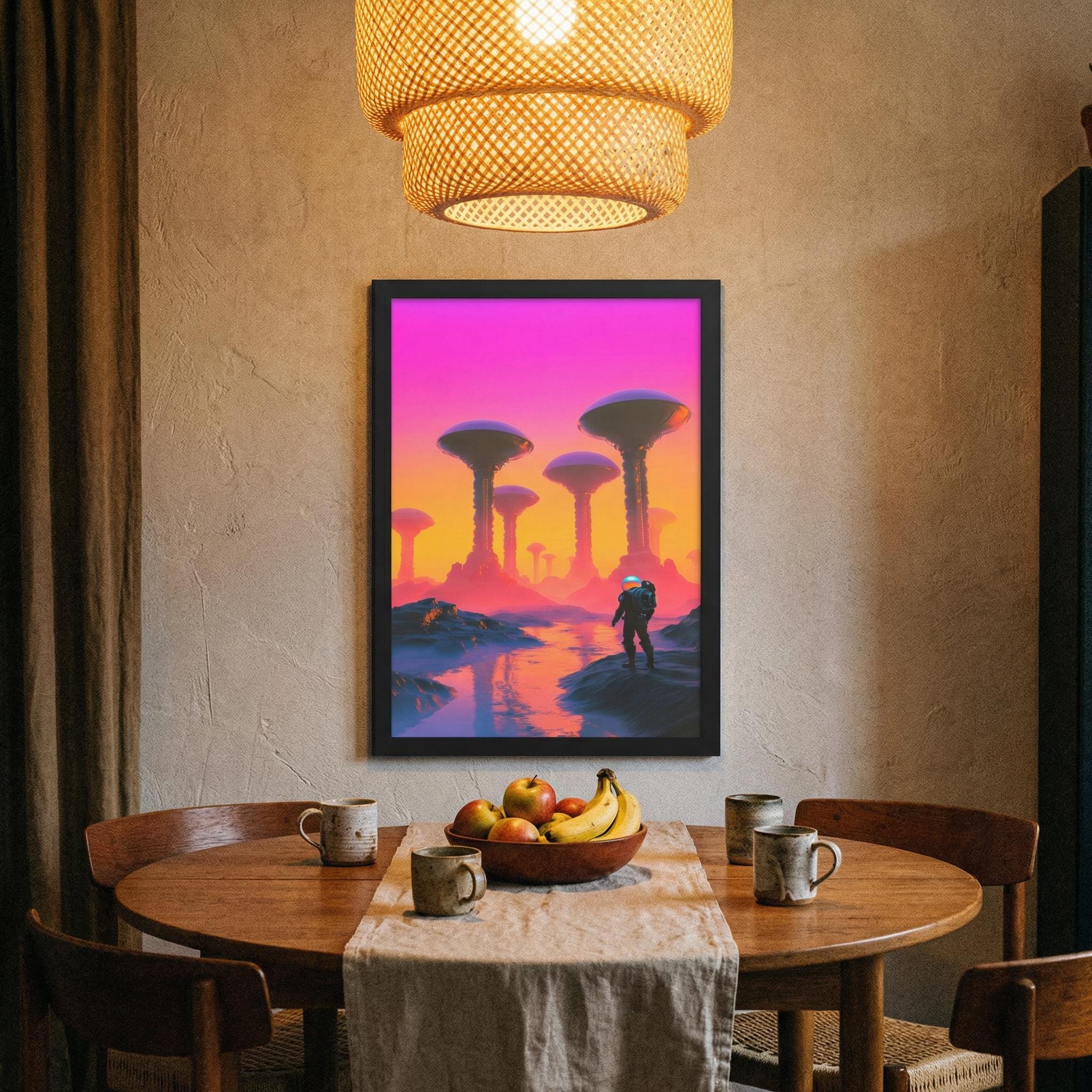 Expedition to the Neon Shores — Retro-Futuristic Pulp Sci-Fi Framed Poster