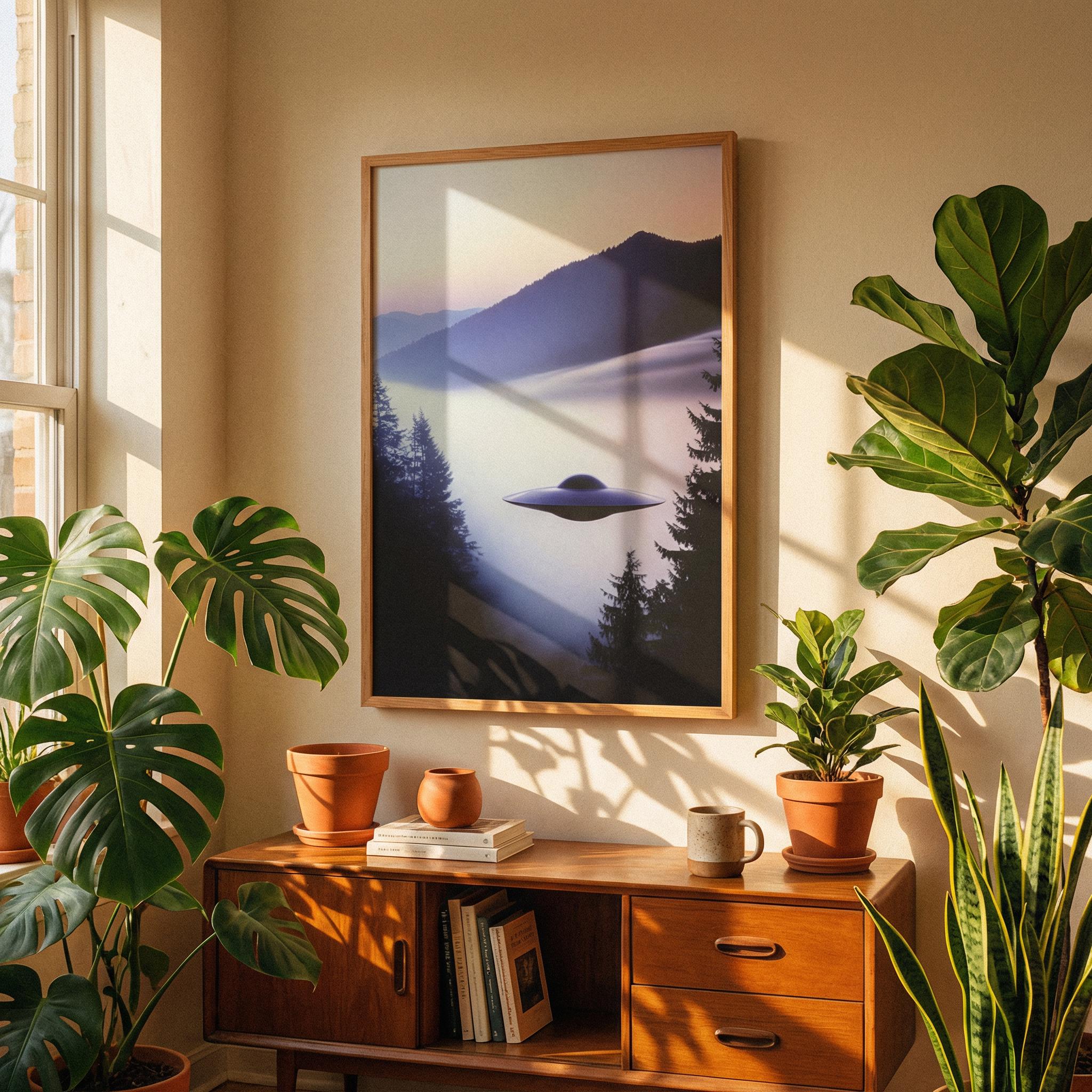 Pacific Northwest UFO Framed Poster – Retro Sci-Fi Film Still