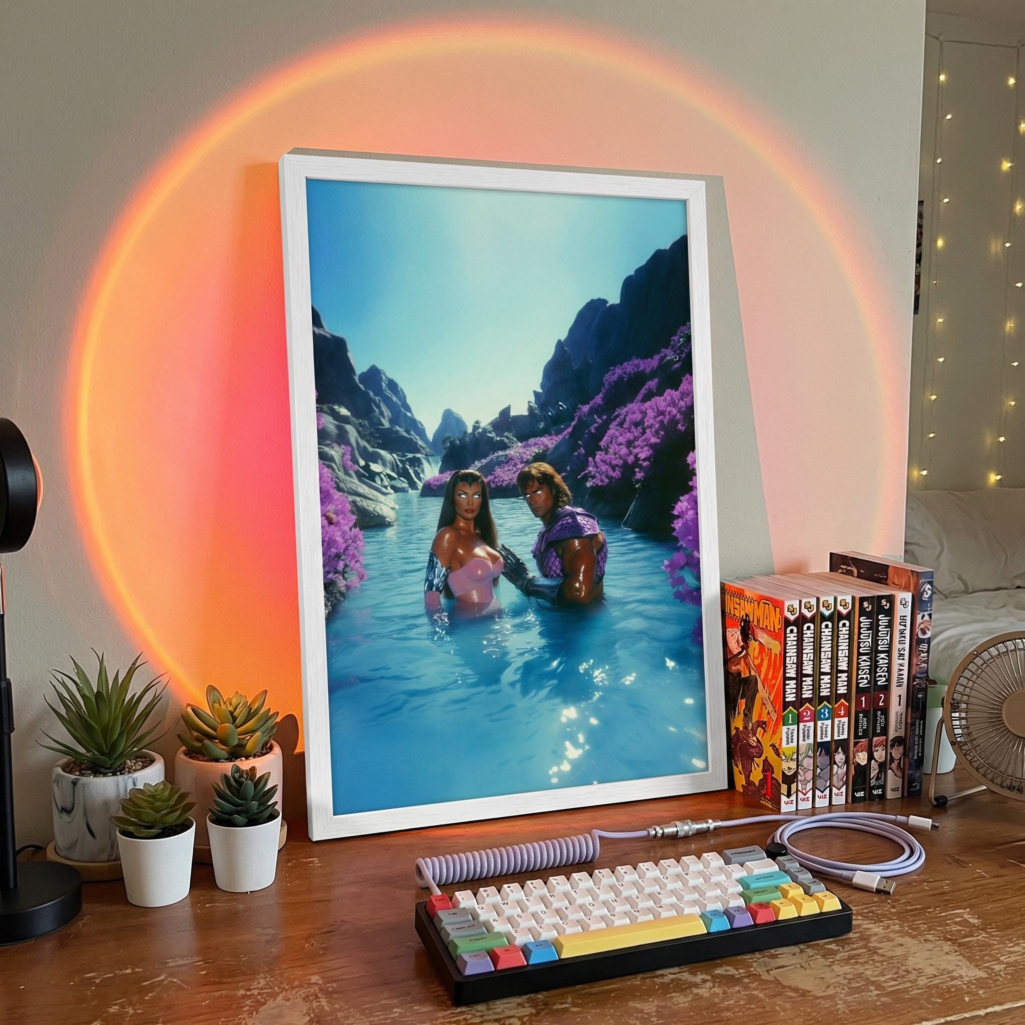 Retro-Futurist Hot Spring Couple Framed Print – Savage Land Alien Oasis