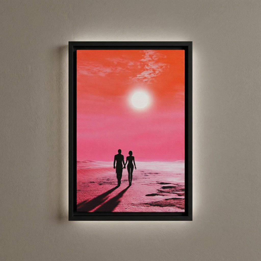 Sunset Stroll on the Crimson Sands Framed Canvas // Surreal Sci-Fi Romantic Art // Retro-Futuristic Wall Decor