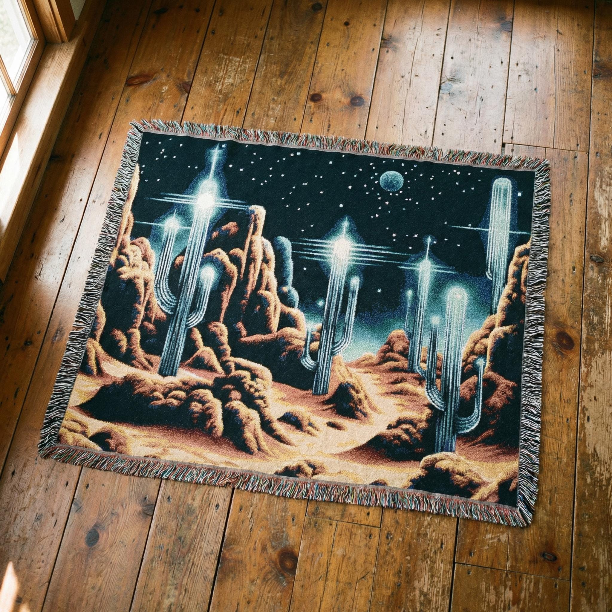 Retro Pixel Alien Landscape Woven Blanket | Sci-Fi Desert Night Throw