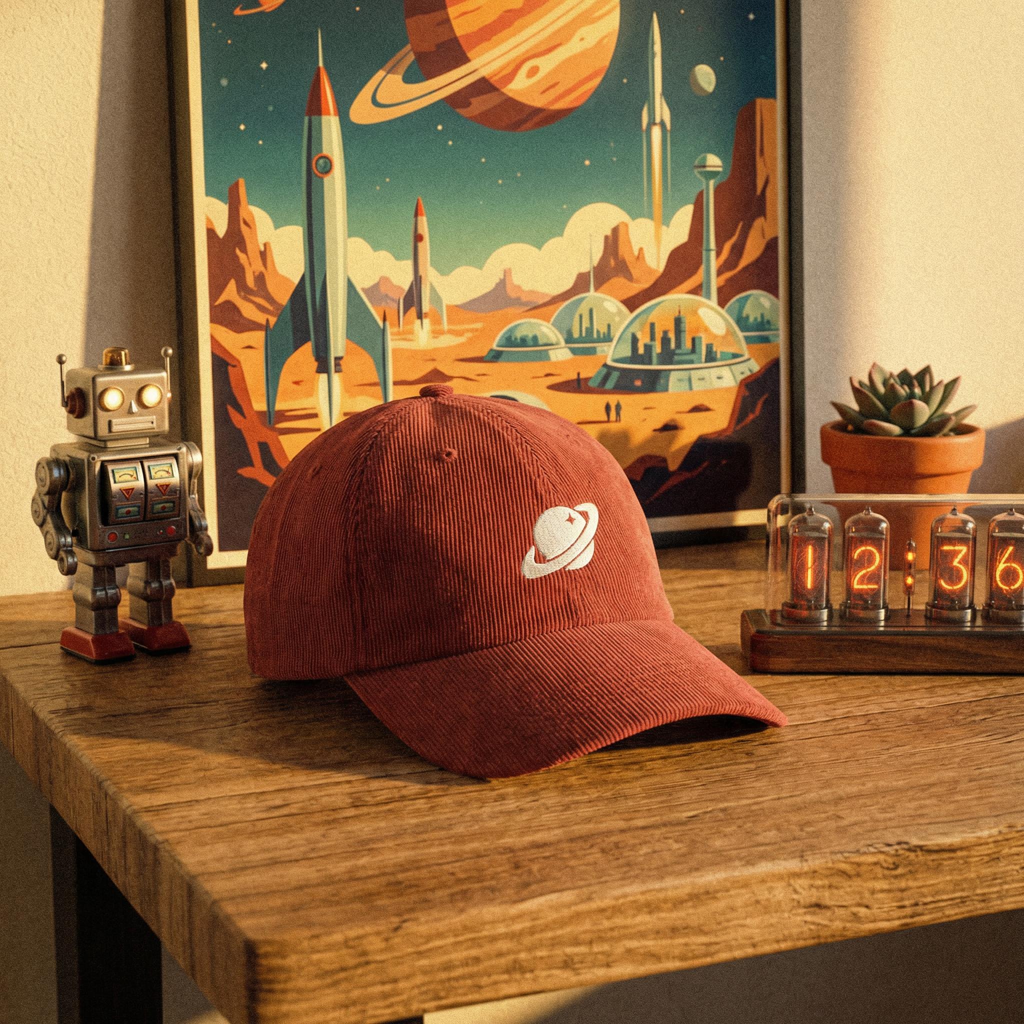 Orbital Archive Vintage Corduroy Cap - Embroidered Retro Sci-Fi Planet Hat | Minimalist Space Aesthetic Unisex Streetwear