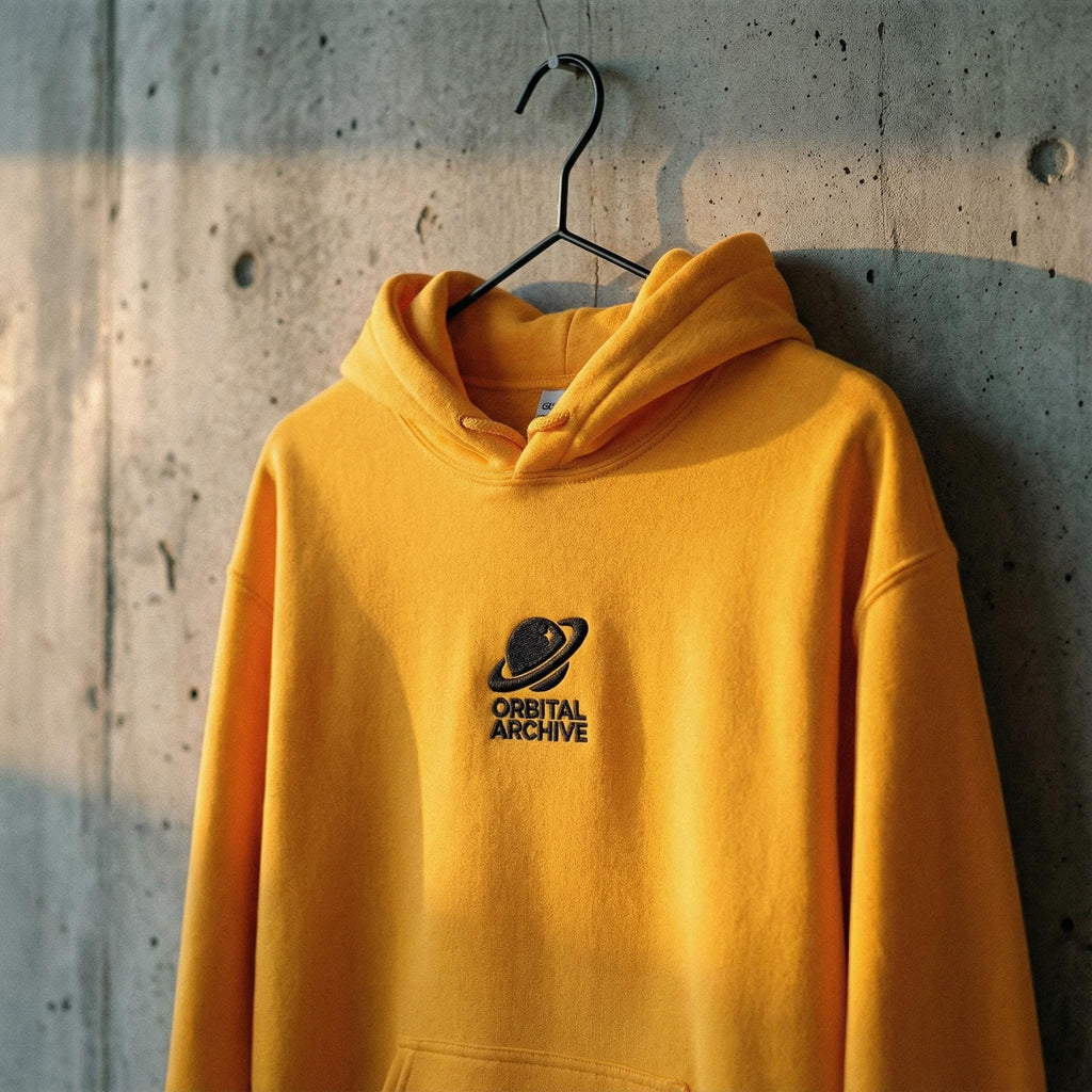 Retro Sci-Fi Astro Hound Hoodie | Golden Yellow Graphic Streetwear | Orbital Archive Heavyweight Hoodie