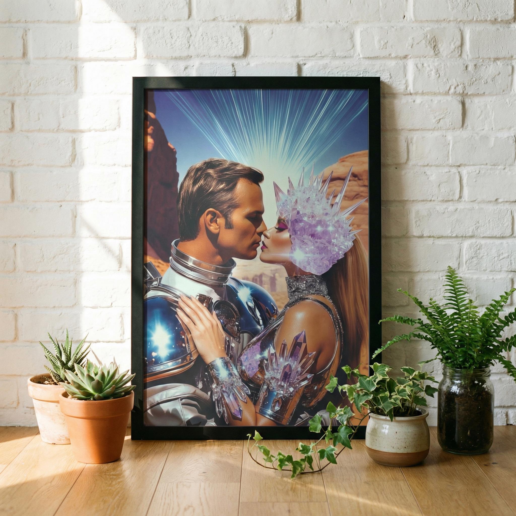 DIGITAL DOWNLOAD: Let Our Love Crystallize in Amethyst Valley – The Orbital Lovers Retro-Futurist Framed Print | Valentine’s Gift
