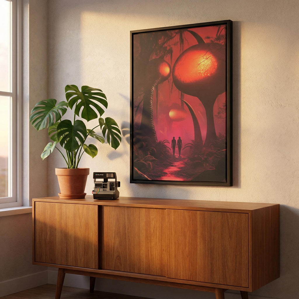 Path Through the Alien Wood Framed Canvas // Surreal Sci-Fi Nature Art // Ethereal Crimson Forest Wall Decor // Orbital Archive Series