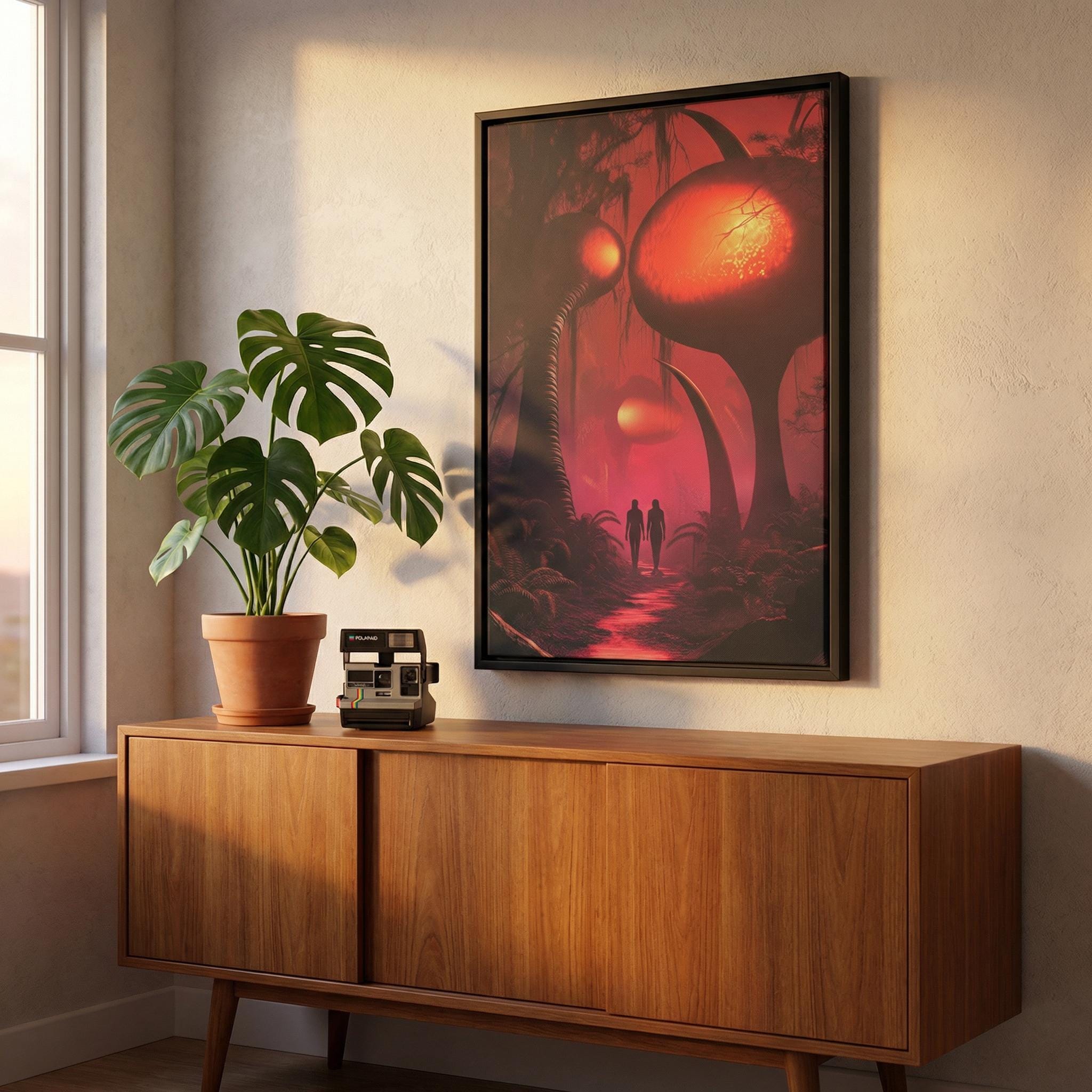 Path Through the Alien Wood Framed Canvas // Surreal Sci-Fi Nature Art // Ethereal Crimson Forest Wall Decor // Orbital Archive Series