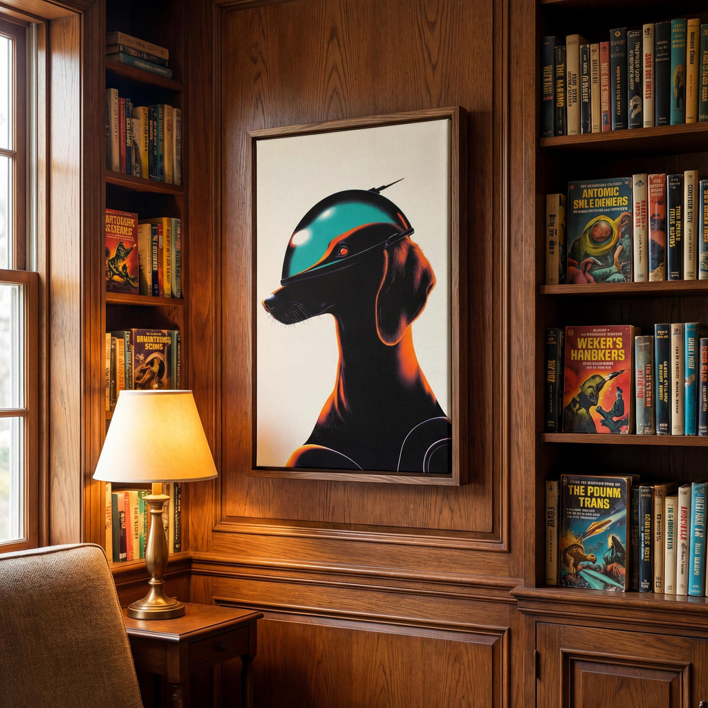 Cyber-Dachshund: Orbital Archive No. 87 // Retro-Futurist Framed Canvas, Sci-Fi Canine Wall Art, Mid-Century Noir Decor