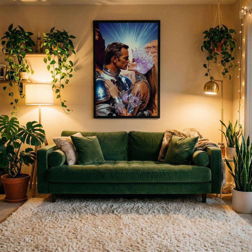 DIGITAL DOWNLOAD: Let Our Love Crystallize in Amethyst Valley – The Orbital Lovers Retro-Futurist Framed Print | Valentine’s Gift