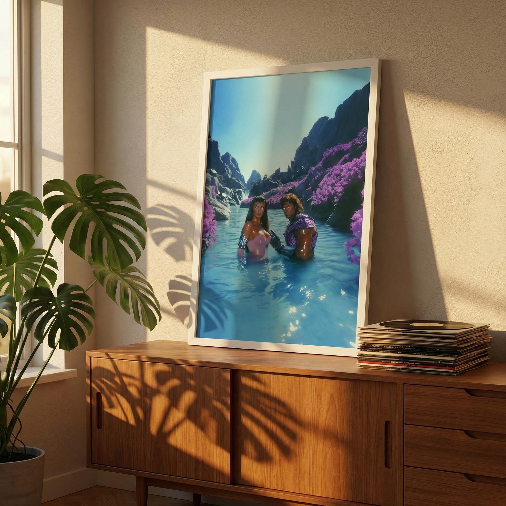 Retro-Futurist Hot Spring Couple Framed Print – Savage Land Alien Oasis