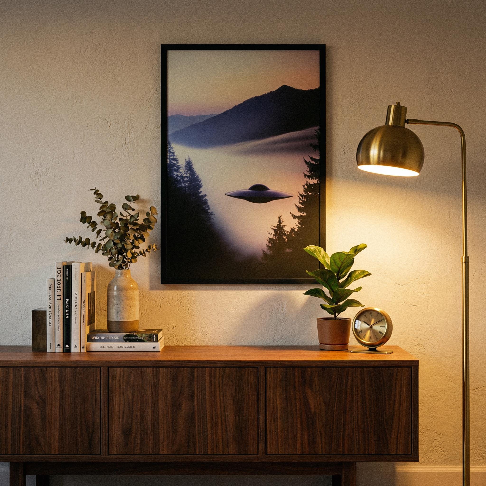 Pacific Northwest UFO Framed Poster – Retro Sci-Fi Film Still