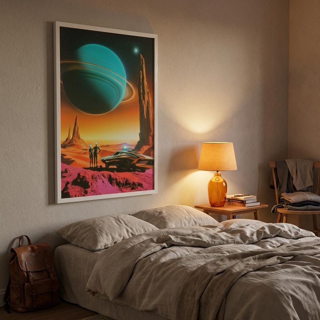 The Desert Road Trip – Retro-Futurist Framed Art Print, Vintage 1960s Sci-Fi Landscape Poster, Mid-Century Space Age Decor