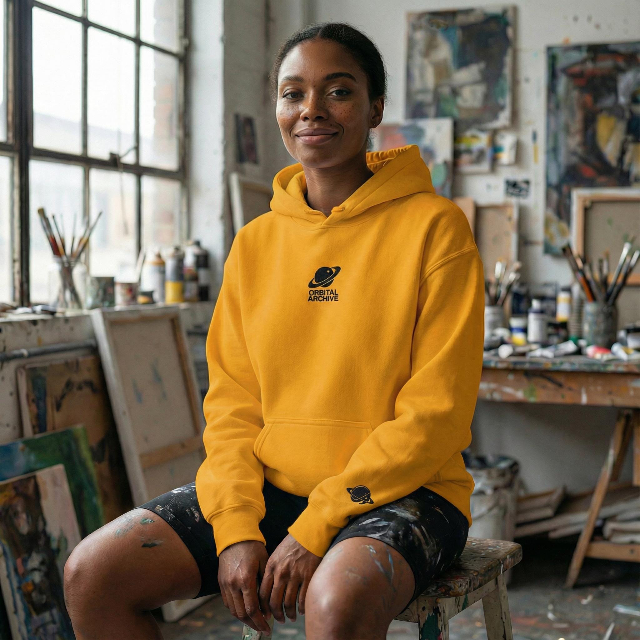 Retro Sci-Fi Astro Hound Hoodie | Golden Yellow Graphic Streetwear | Orbital Archive Heavyweight Hoodie