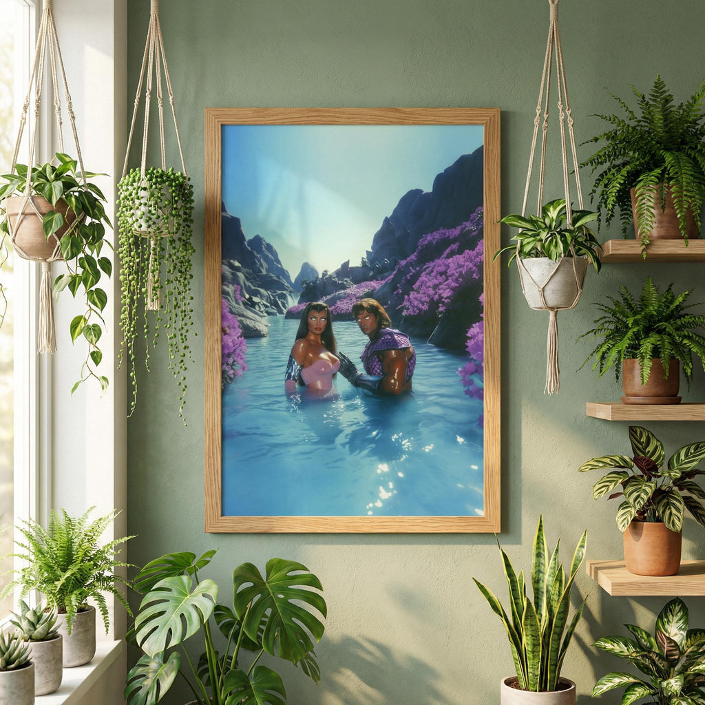 Retro-Futurist Hot Spring Couple Framed Print – Savage Land Alien Oasis