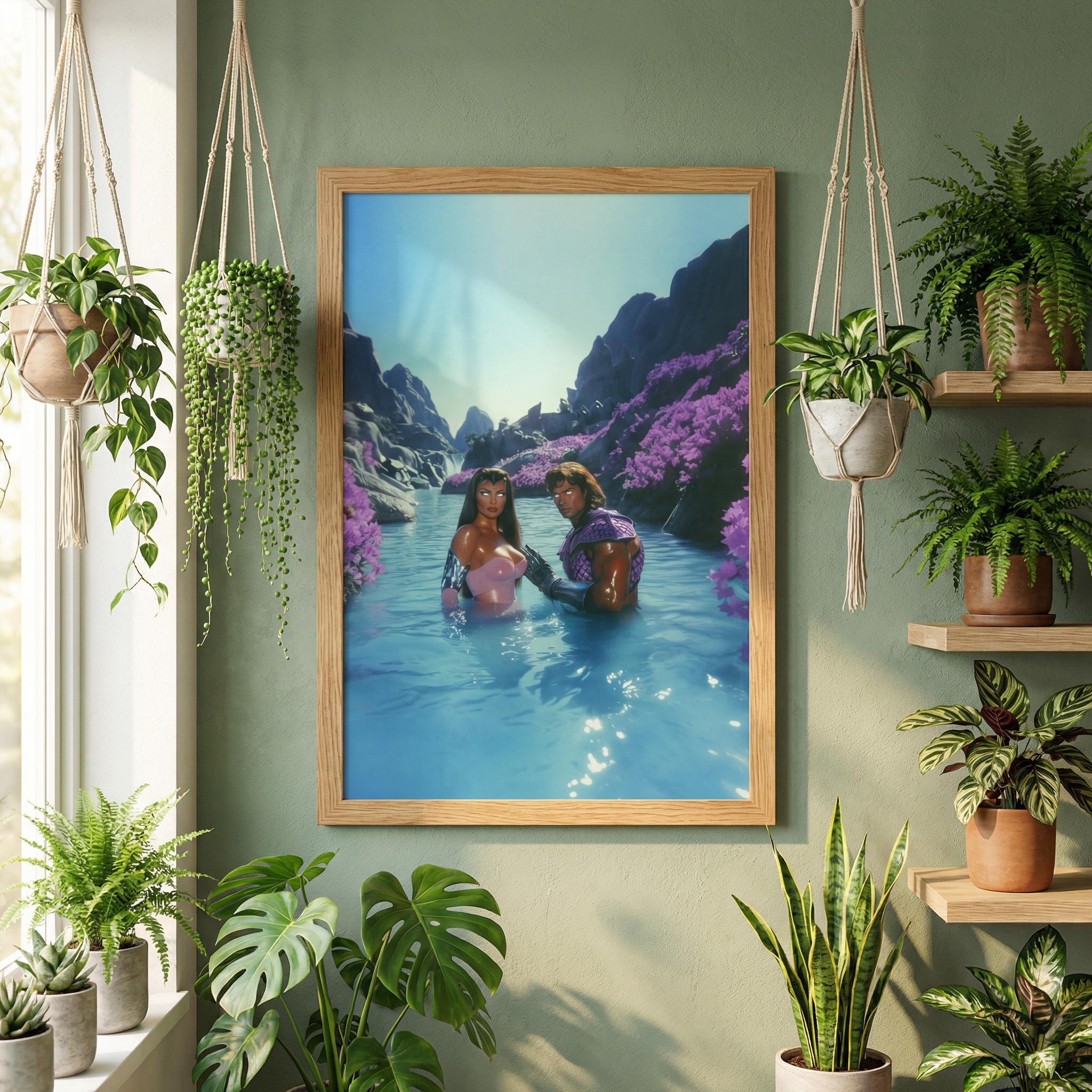 Retro-Futurist Hot Spring Couple Framed Print – Savage Land Alien Oasis