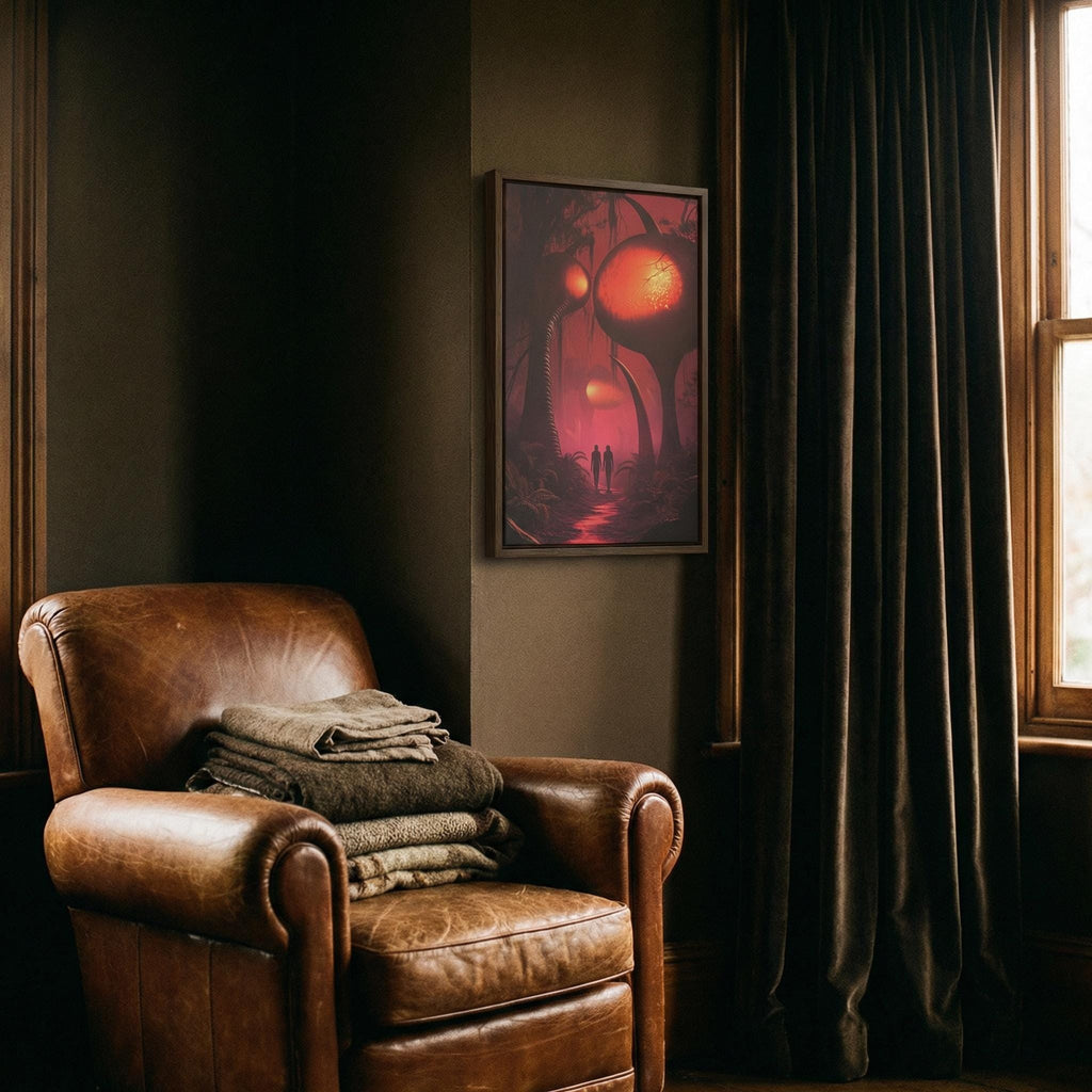 Path Through the Alien Wood Framed Canvas // Surreal Sci-Fi Nature Art // Ethereal Crimson Forest Wall Decor // Orbital Archive Series