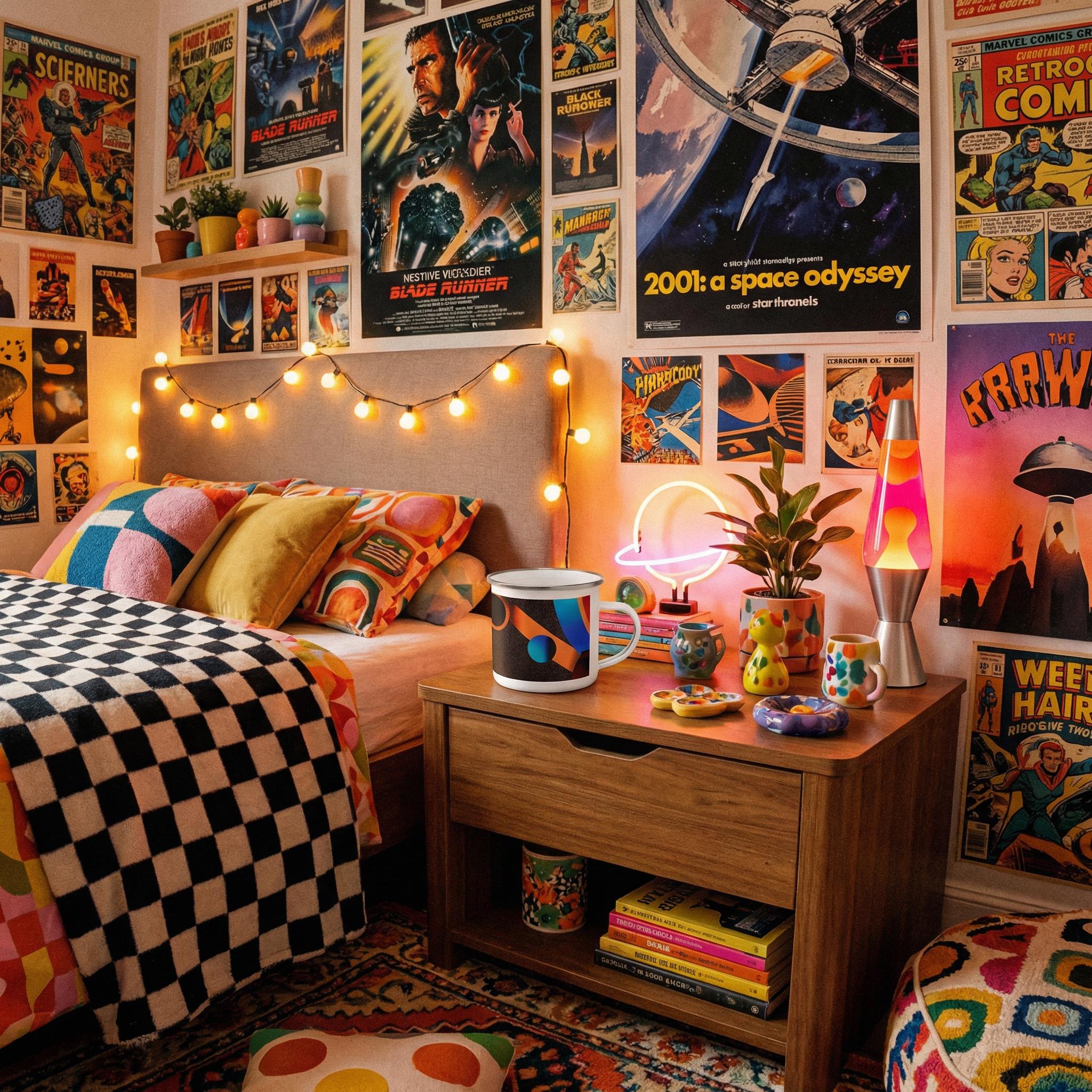 Minoan Retro Sci-Fi Enamel Mug — Orbital Archive Ancient Future Space Age 12oz Camping Cup