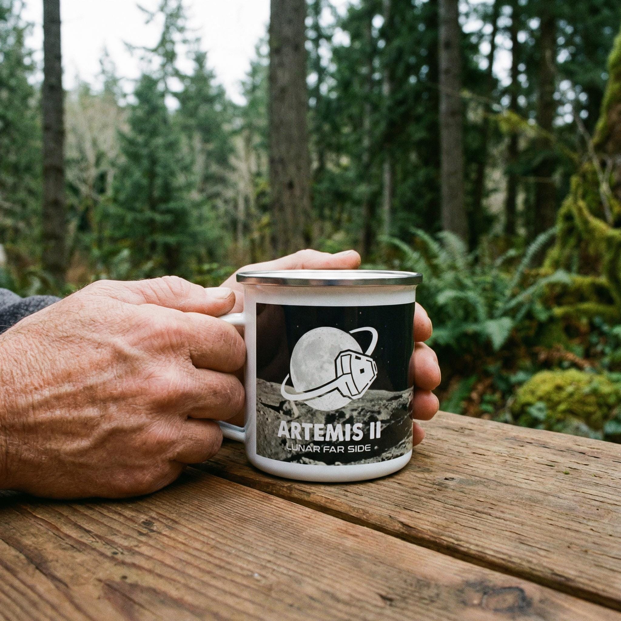 Artemis II Lunar Mission Enamel Mug, Retro Space Exploration Camp Cup, Moon Mission Gift for Astronomers, Sci-Fi Outer Space Star Chart