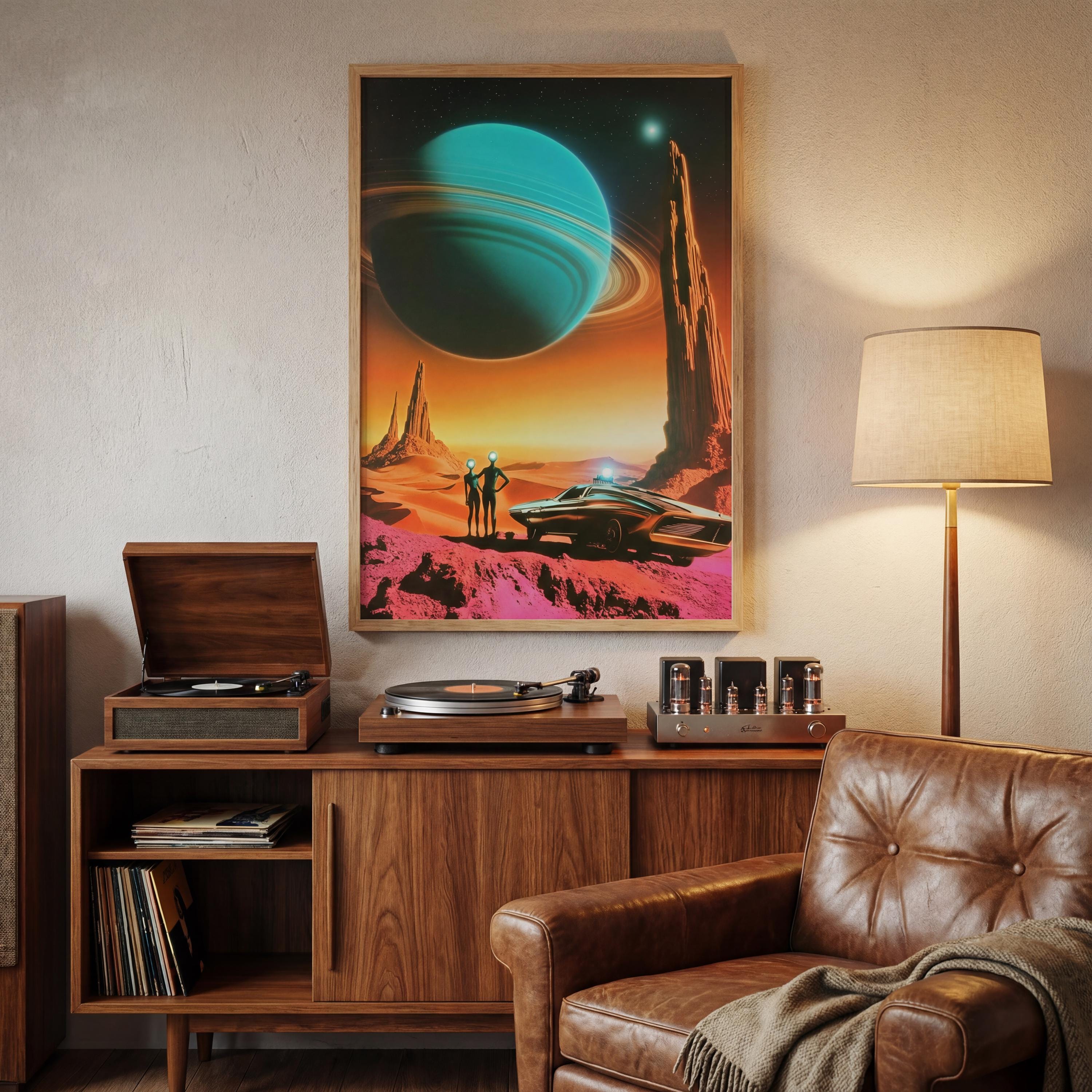 The Desert Road Trip – Retro-Futurist Framed Art Print, Vintage 1960s Sci-Fi Landscape Poster, Mid-Century Space Age Decor