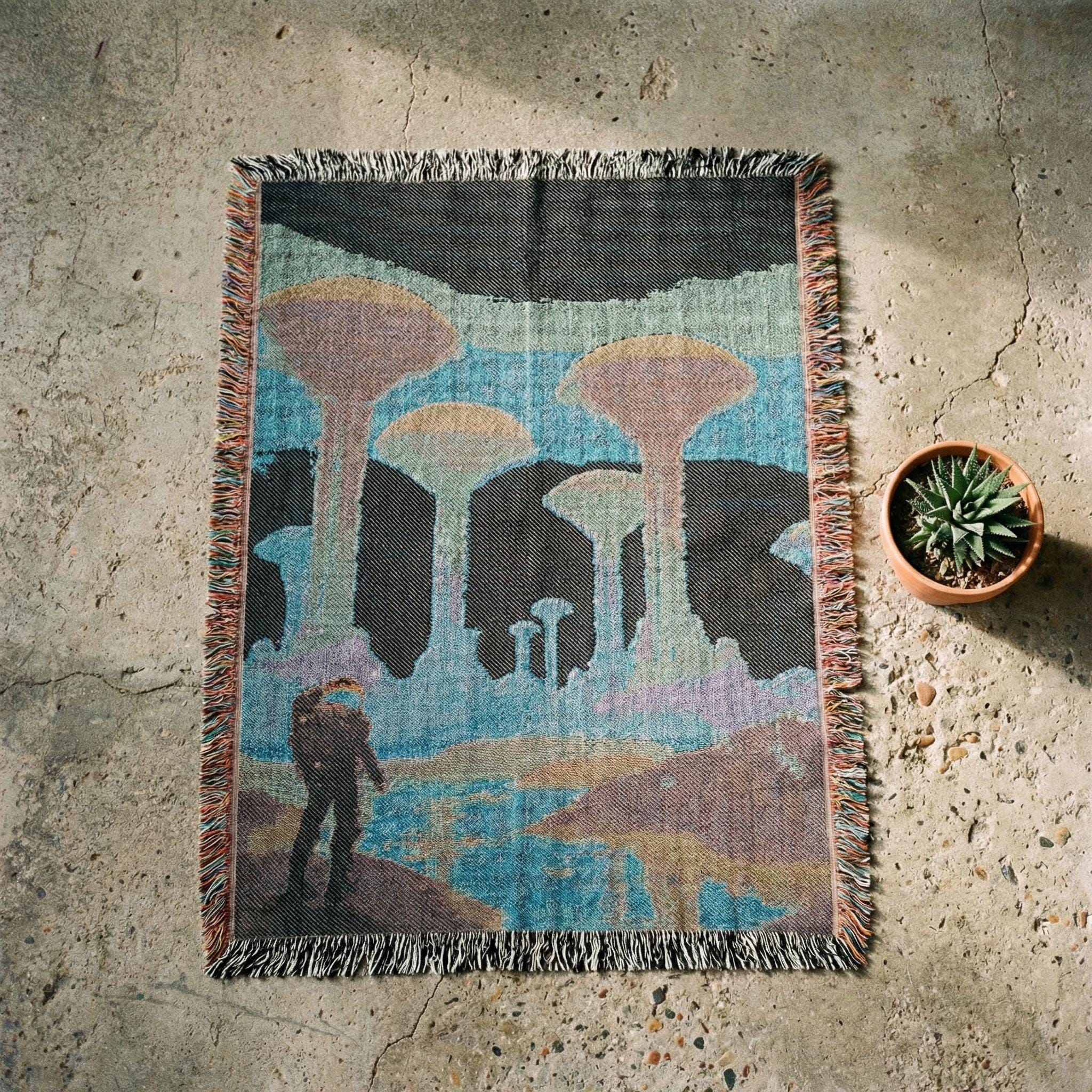 Expedition to the Neon Shores Woven Blanket — Retro-Futuristic Pulp Sci-Fi