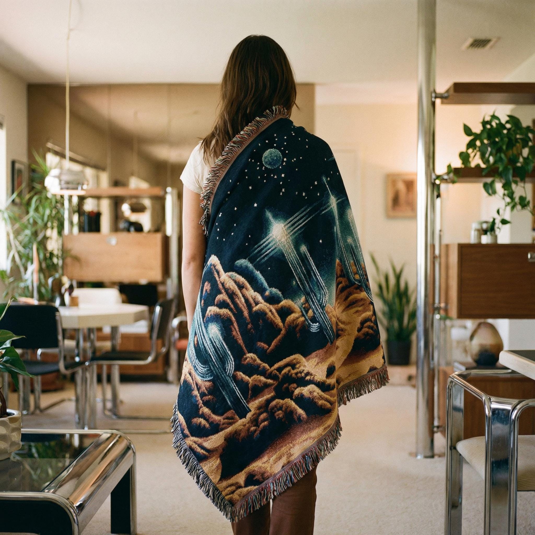 Retro Pixel Alien Landscape Woven Blanket | Sci-Fi Desert Night Throw