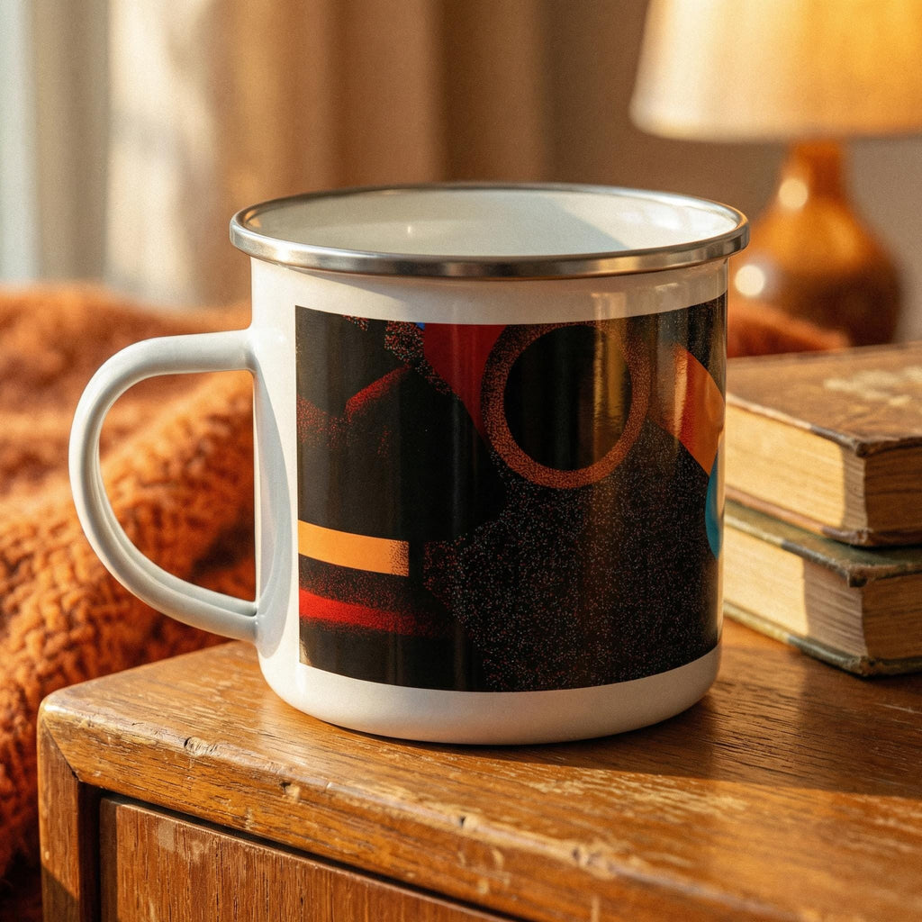 Minoan Retro Sci-Fi Enamel Mug — Orbital Archive Ancient Future Space Age 12oz Camping Cup