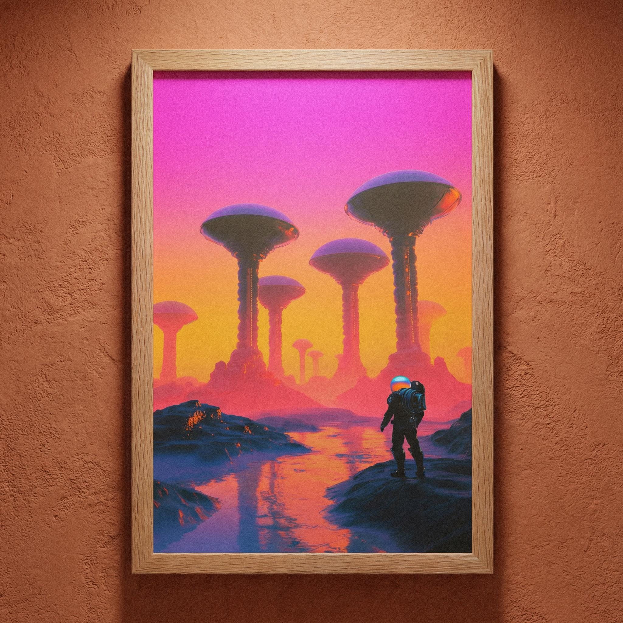 Expedition to the Neon Shores — Retro-Futuristic Pulp Sci-Fi Framed Poster