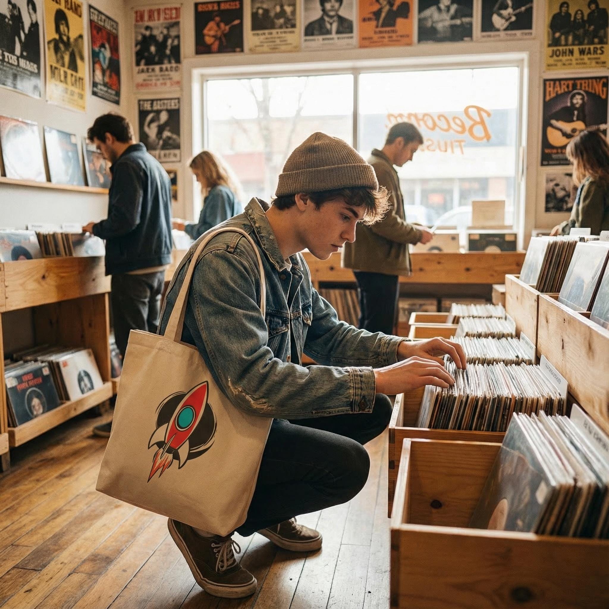 Organic Cotton Sci-Fi Eco Tote Bag, Retro Rocket Space Age Shoulder Bag, Eco-Friendly "Orbital Archive" Graphic Tote