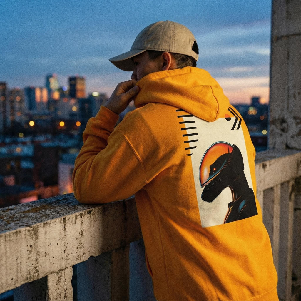 Retro Sci-Fi Astro Hound Hoodie | Golden Yellow Graphic Streetwear | Orbital Archive Heavyweight Hoodie