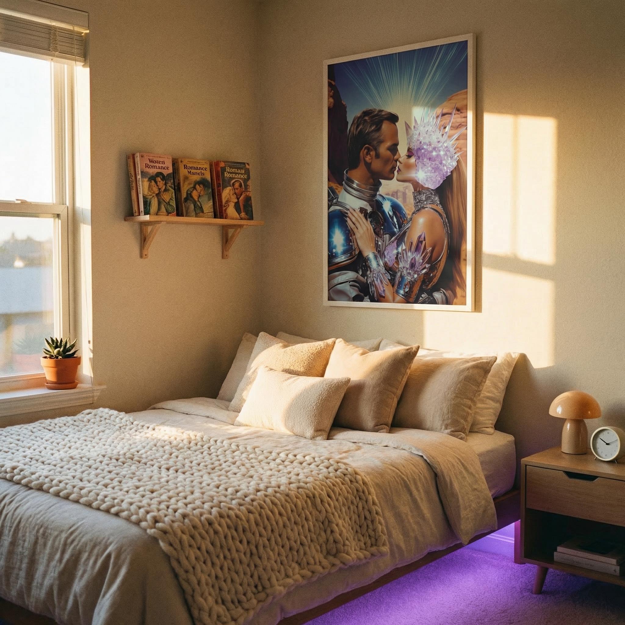 Let Our Love Crystallize in Amethyst Valley – The Orbital Lovers Retro-Futurist Framed Print | Valentine’s Gift