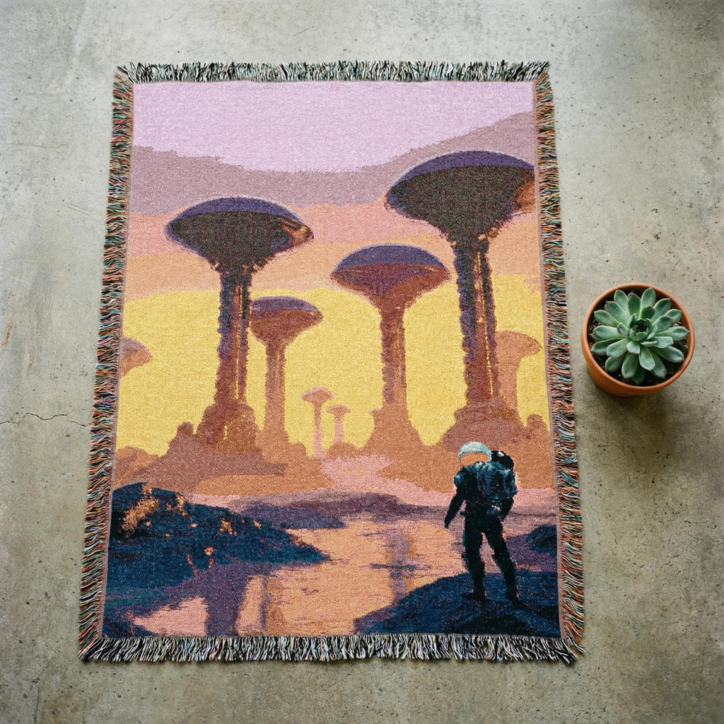Expedition to the Neon Shores Woven Blanket — Retro-Futuristic Pulp Sci-Fi