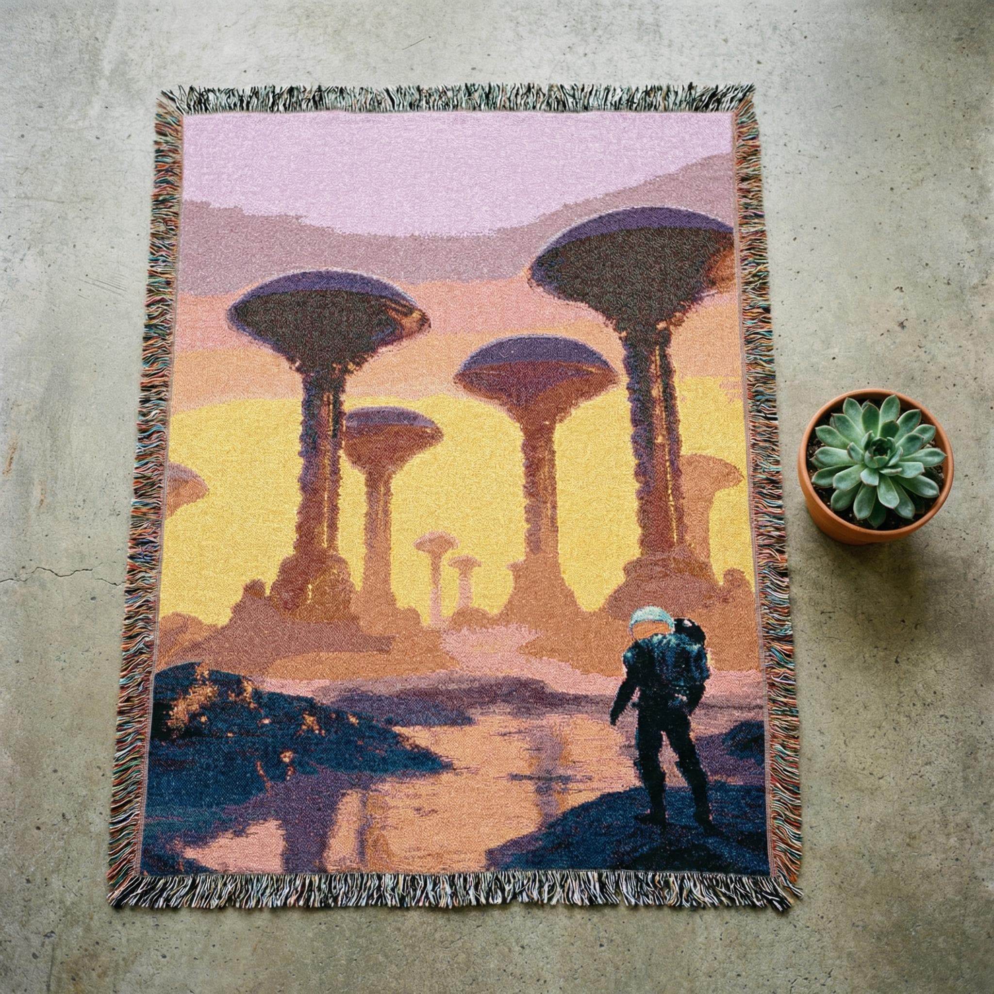 Expedition to the Neon Shores Woven Blanket — Retro-Futuristic Pulp Sci-Fi