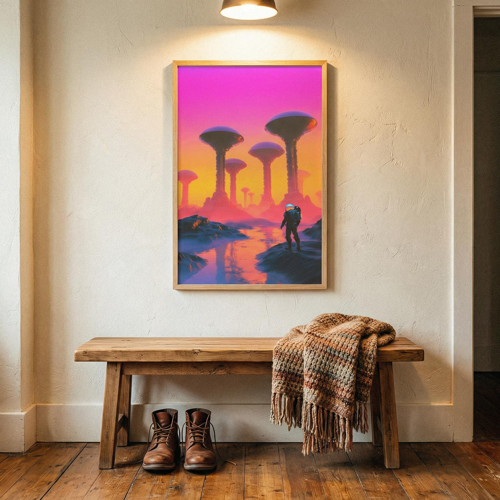 Expedition to the Neon Shores — Retro-Futuristic Pulp Sci-Fi Framed Poster