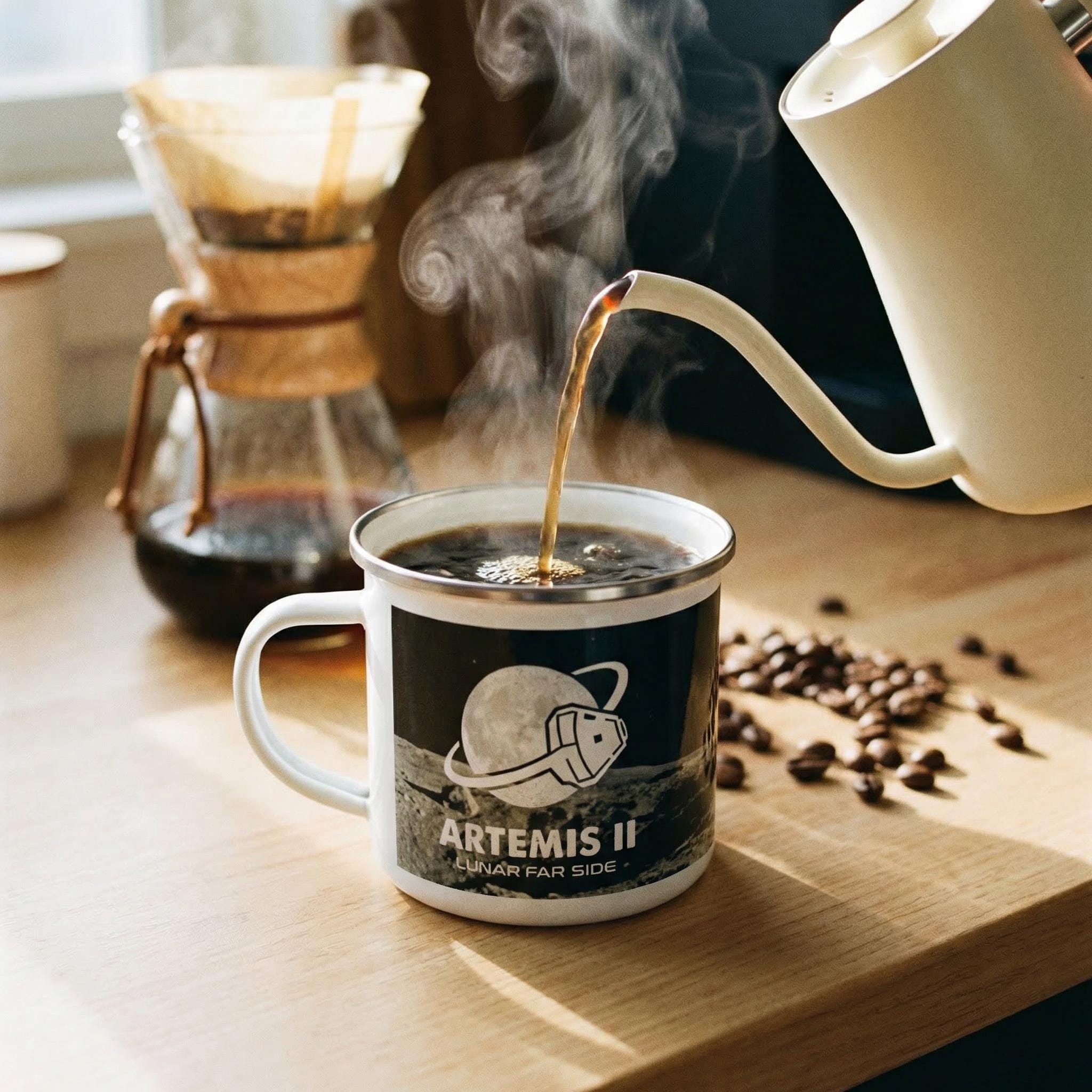 Artemis II Lunar Mission Enamel Mug, Retro Space Exploration Camp Cup, Moon Mission Gift for Astronomers, Sci-Fi Outer Space Star Chart