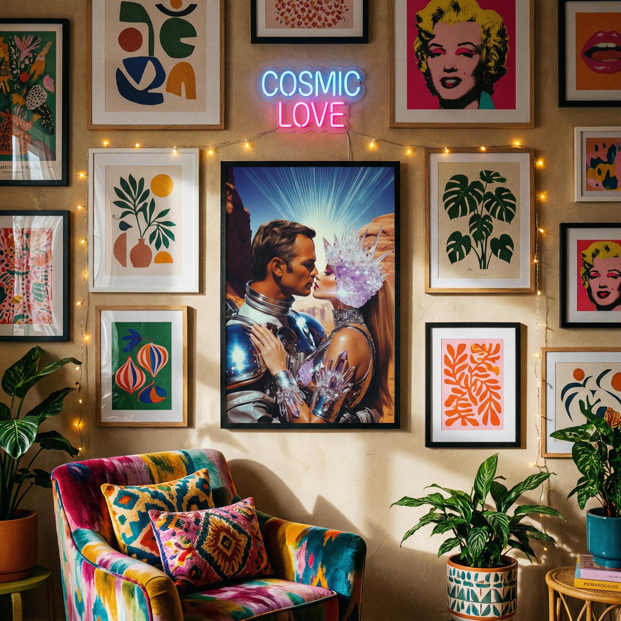 DIGITAL DOWNLOAD: Let Our Love Crystallize in Amethyst Valley – The Orbital Lovers Retro-Futurist Framed Print | Valentine’s Gift