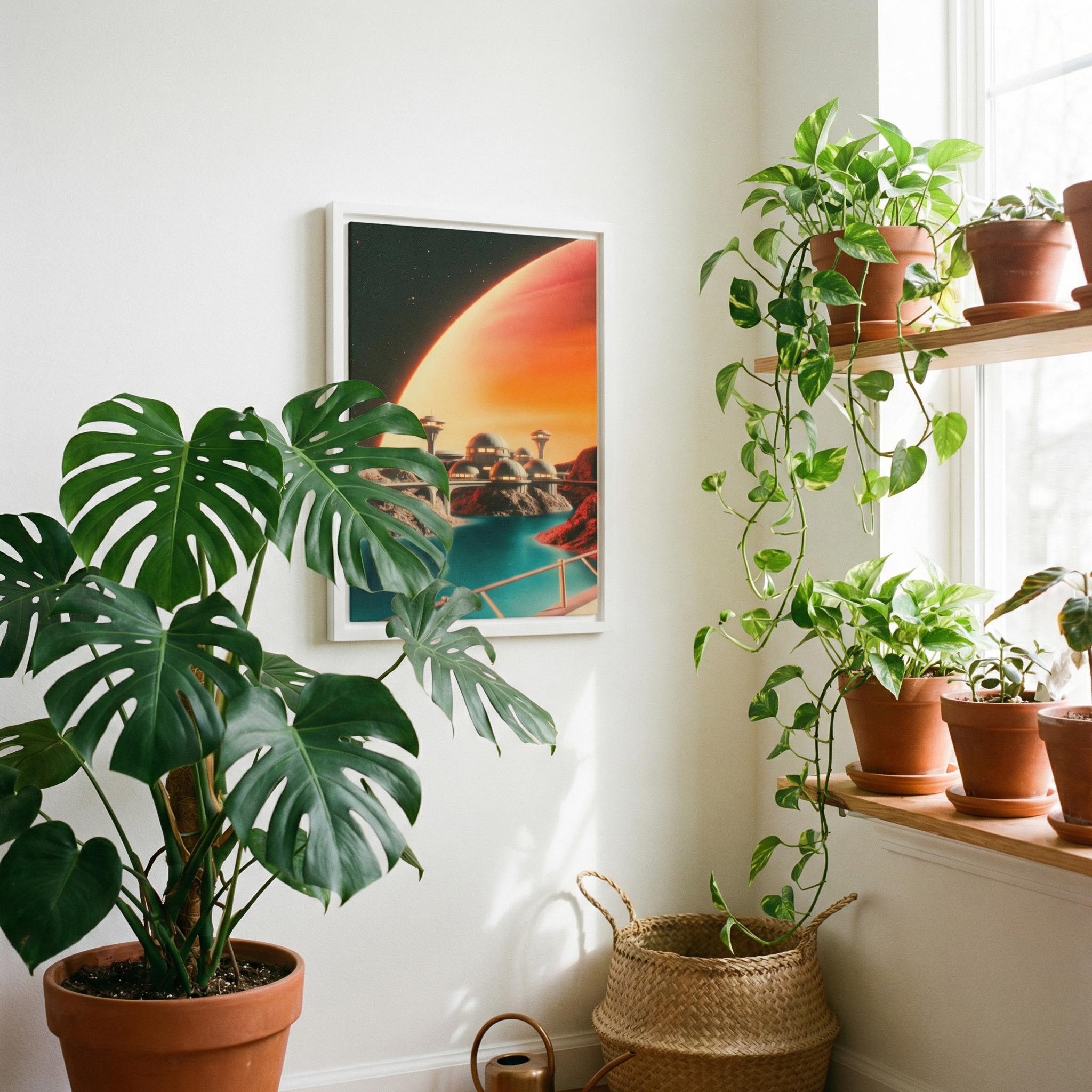 DIGITAL DOWNLOAD: Googie City on the Moon of a Gas Giant - Retro-Futurist Framed Canvas Print | Vintage Sci-Fi Art