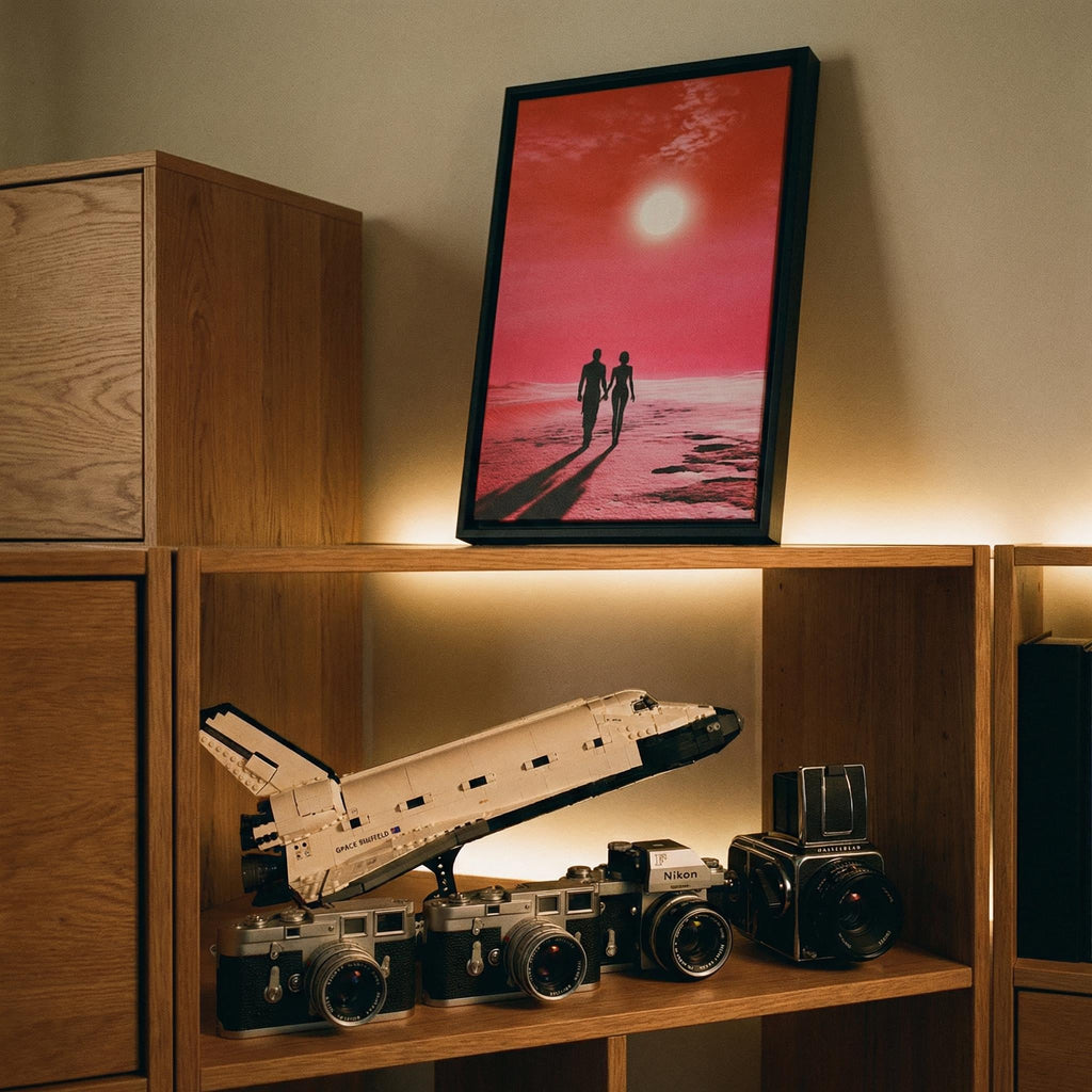 Sunset Stroll on the Crimson Sands Framed Canvas // Surreal Sci-Fi Romantic Art // Retro-Futuristic Wall Decor