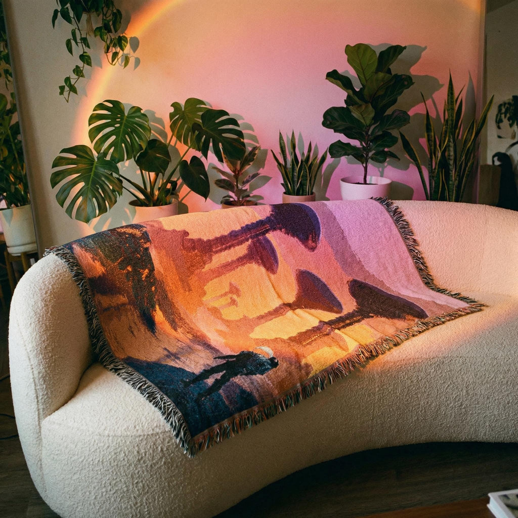Expedition to the Neon Shores Woven Blanket — Retro-Futuristic Pulp Sci-Fi