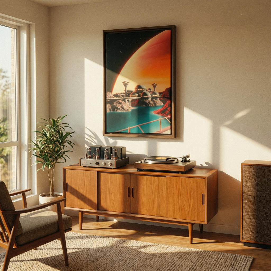 DIGITAL DOWNLOAD: Googie City on the Moon of a Gas Giant - Retro-Futurist Framed Canvas Print | Vintage Sci-Fi Art