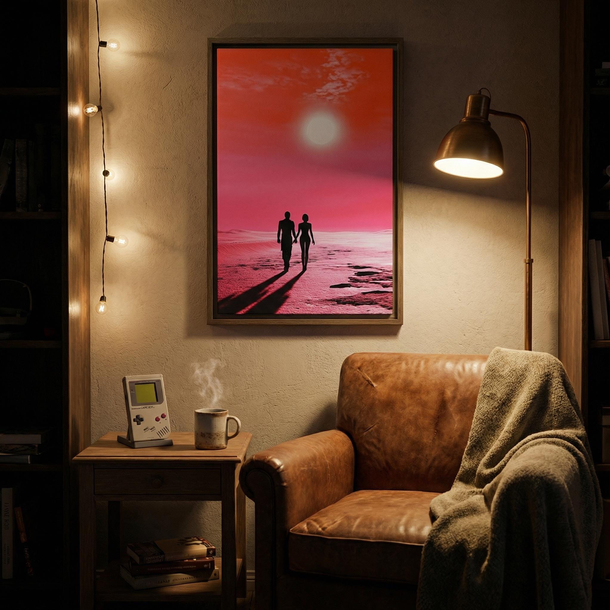 DIGITAL DOWNLOAD: Sunset Stroll on the Crimson Sands // Surreal Sci-Fi Romantic Art // Retro-Futuristic Wall Decor