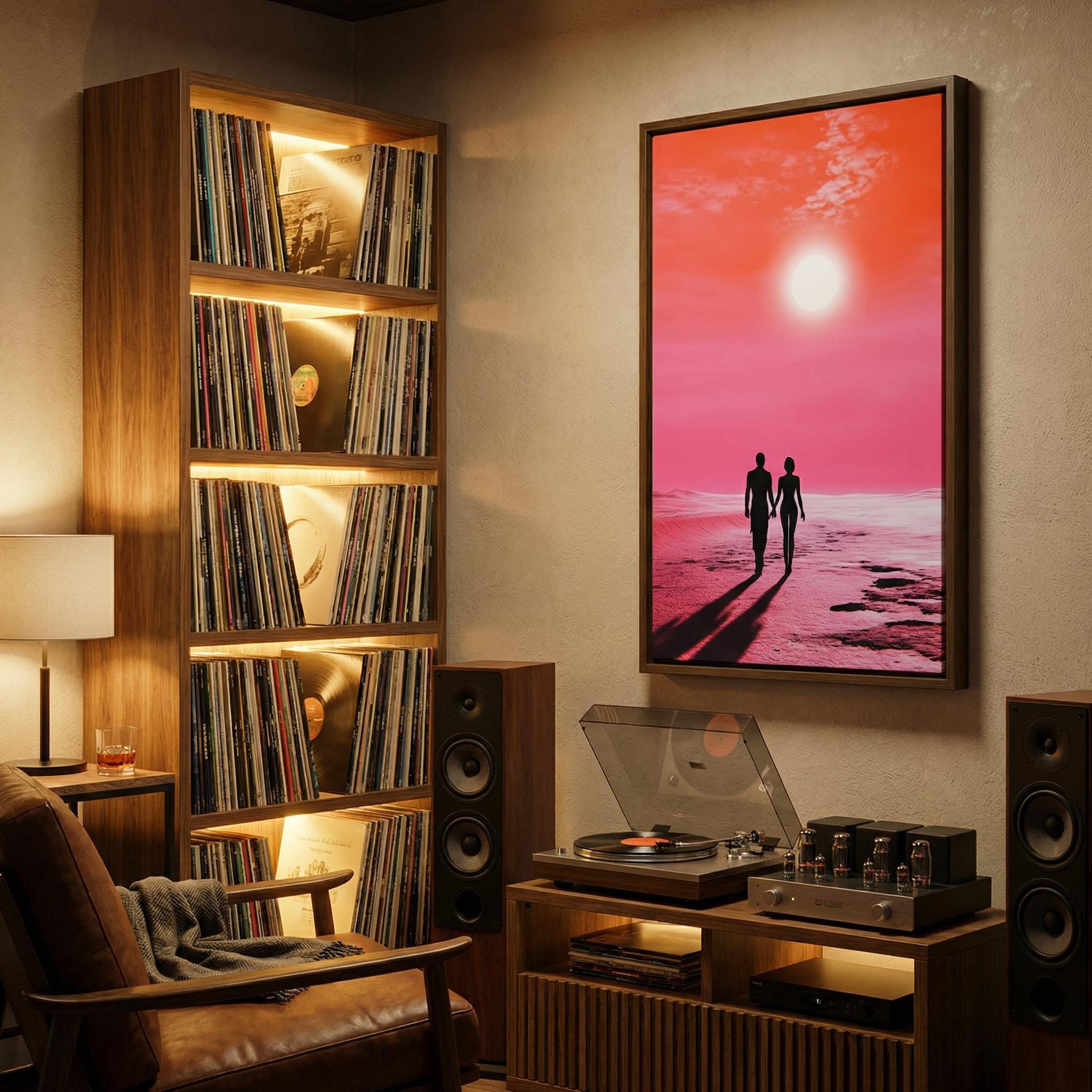 Sunset Stroll on the Crimson Sands Framed Canvas // Surreal Sci-Fi Romantic Art // Retro-Futuristic Wall Decor