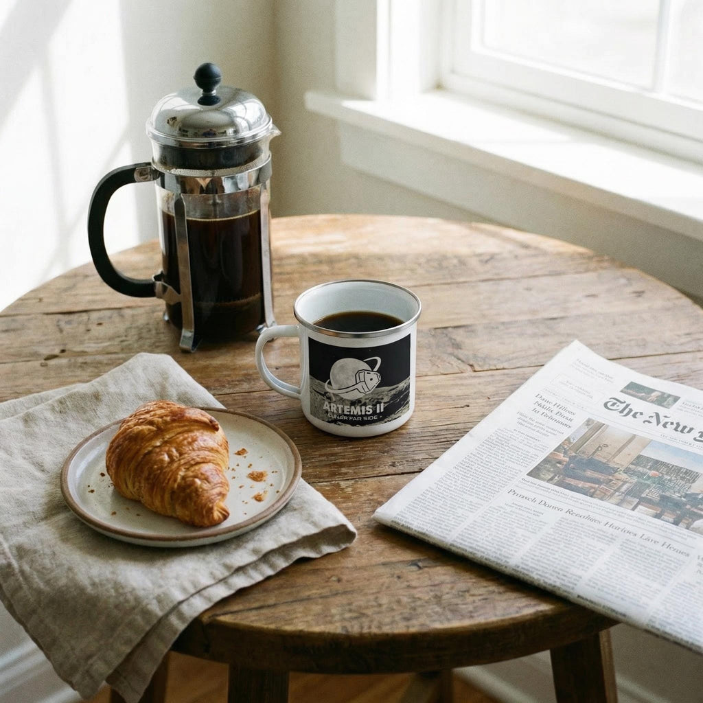 Artemis II Lunar Mission Enamel Mug, Retro Space Exploration Camp Cup, Moon Mission Gift for Astronomers, Sci-Fi Outer Space Star Chart