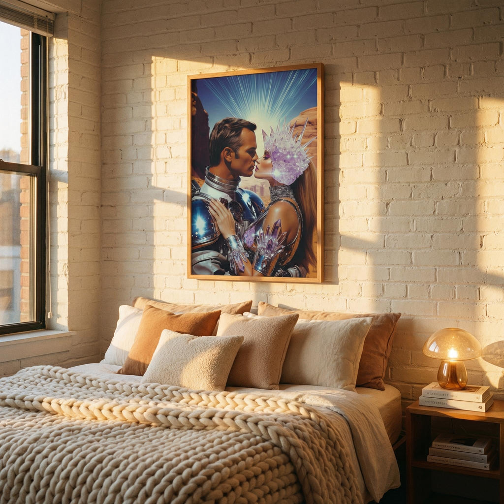 DIGITAL DOWNLOAD: Let Our Love Crystallize in Amethyst Valley – The Orbital Lovers Retro-Futurist Framed Print | Valentine’s Gift